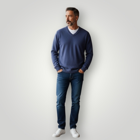 100% Cashmere V-Neck Sweater XL Heathered‎ Navy Blue Quiet Luxury Minimalist